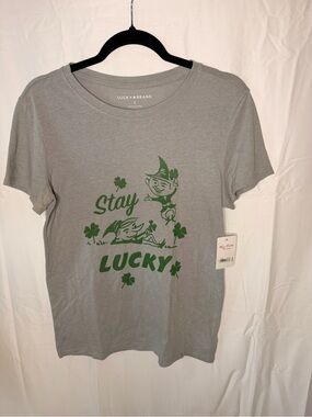 Lucky Brand Gray Short Sleeve Tee with Green 'Stay Lucky' Graphic